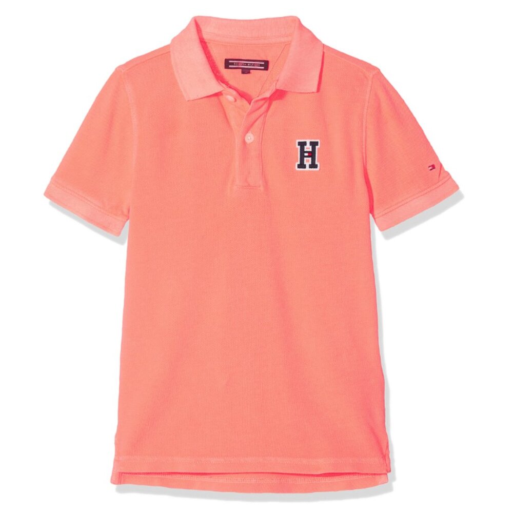 TOMMY HILFIGER Boys Essential Neon Garment Dyed Short Sleeve Polo Shirt Pink XL?